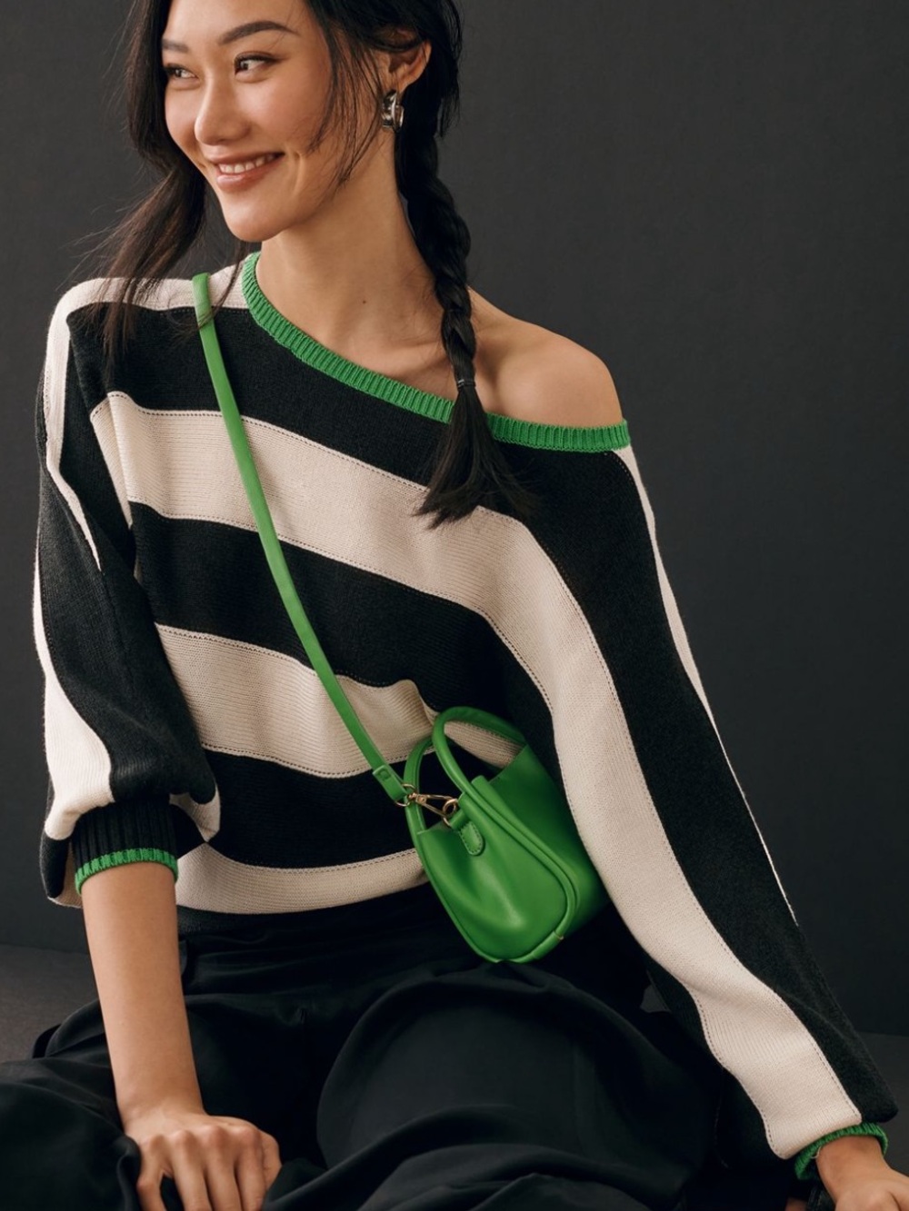 NWOT Anthropologie’s Maeve Navy & White Striped Sweater Top with Green Trim